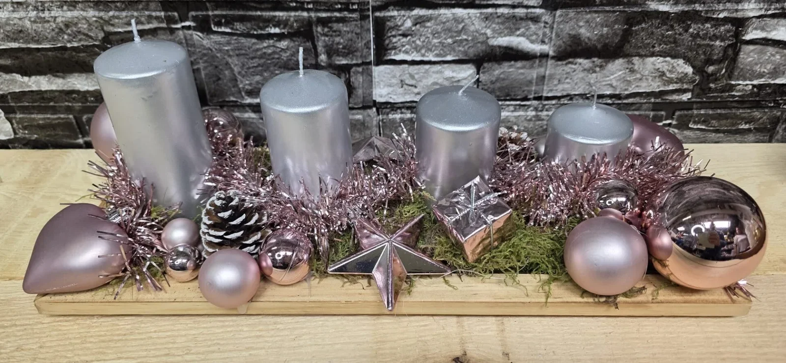 Adventsgesteck, silber / rosa